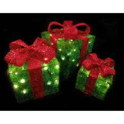 Set Of 3 Lighted Green Gift Boxes With Red Bows Outdoor Christmas Decorations 10"