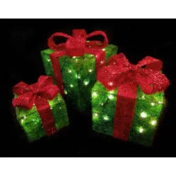 Set Of 3 Lighted Green Gift Boxes With Red Bows Outdoor Christmas Decorations 10