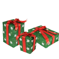 Set Of 3 Lighted Green With Red Bows Gift Boxes Outdoor Christmas Decorations 13"