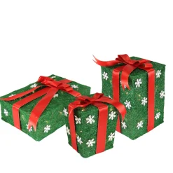 Set Of 3 Lighted Green With Red Bows Gift Boxes Outdoor Christmas Decorations 13"