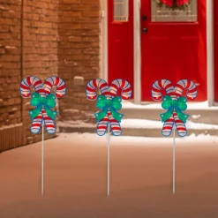 Set Of 3 Lighted Holographic Candy Cane Christmas Pathway Markers 25.5"
