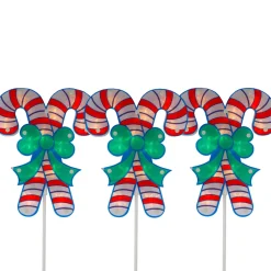 Set Of 3 Lighted Holographic Candy Cane Christmas Pathway Markers 25.5