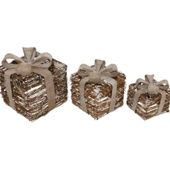 Set Of 3 Lighted Rattan Gift Boxes With Burlap Bows Tabletop Christmas Decorations 9.75"