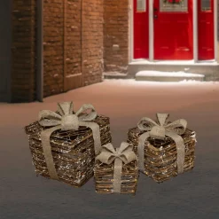 Set Of 3 Lighted Rattan Gift Boxes With Burlap Bows Tabletop Christmas Decorations 9.75"