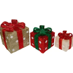 Set Of 3 Lighted Red And Cream Gift Boxes Christmas Outdoor Decorations 10"