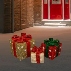 Set Of 3 Lighted Red And Cream Gift Boxes Christmas Outdoor Decorations 10"