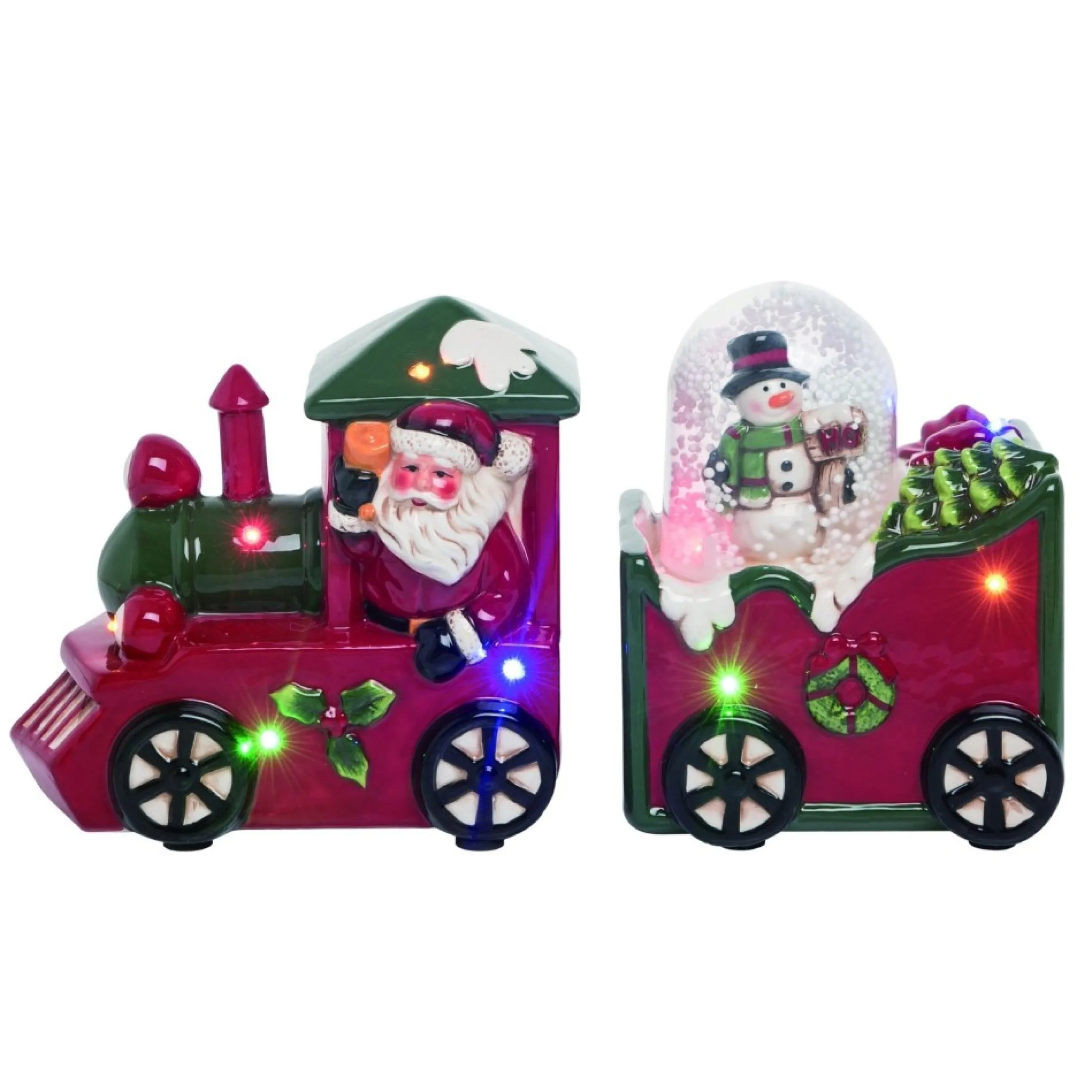 Set Of 2 Lighted Red Christmas Snow Trains With Santa And Snowman 7"