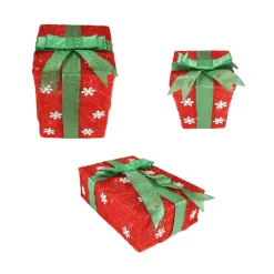 Set Of 3 Lighted Red With Green Bows And Snowflakes Gift Boxes Outdoor Christmas Decorations 13"