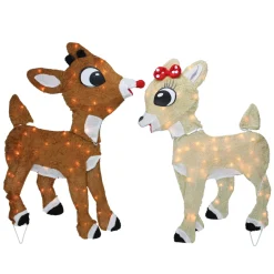 Set Of 2 Lighted Rudolph And Clarice Outdoor Christmas Decorations, 32"