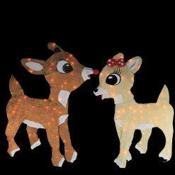 Set Of 2 Lighted Rudolph And Clarice Outdoor Christmas Decorations, 32"
