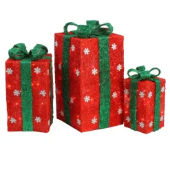 Set Of 3 Lighted Tall Red Gift Boxes With Green Bows Christmas Outdoor Decorations 18"