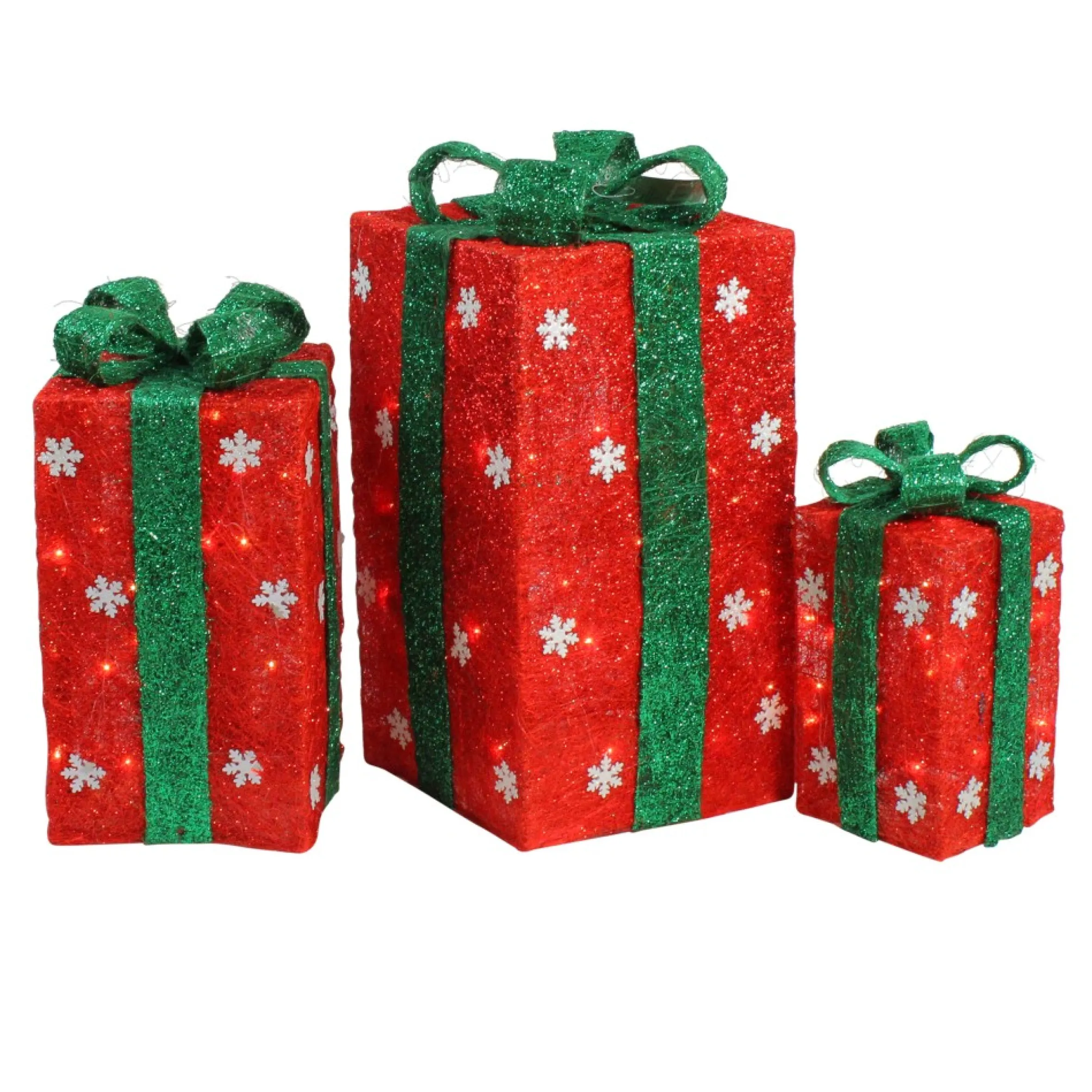 Set Of 3 Lighted Tall Red Gift Boxes With Green Bows Christmas Outdoor Decorations 18"