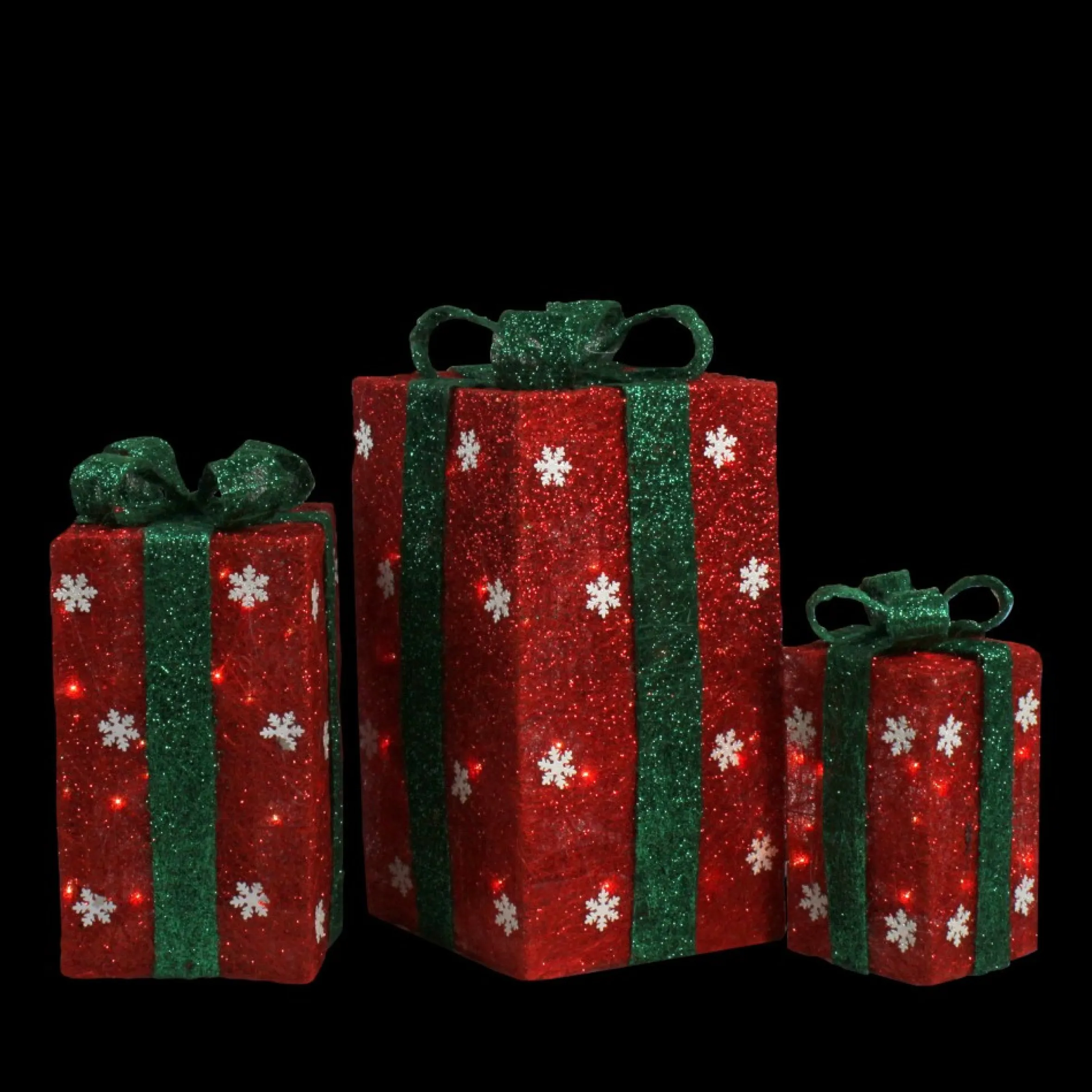 Set Of 3 Lighted Tall Red Gift Boxes With Green Bows Christmas Outdoor Decorations 18"