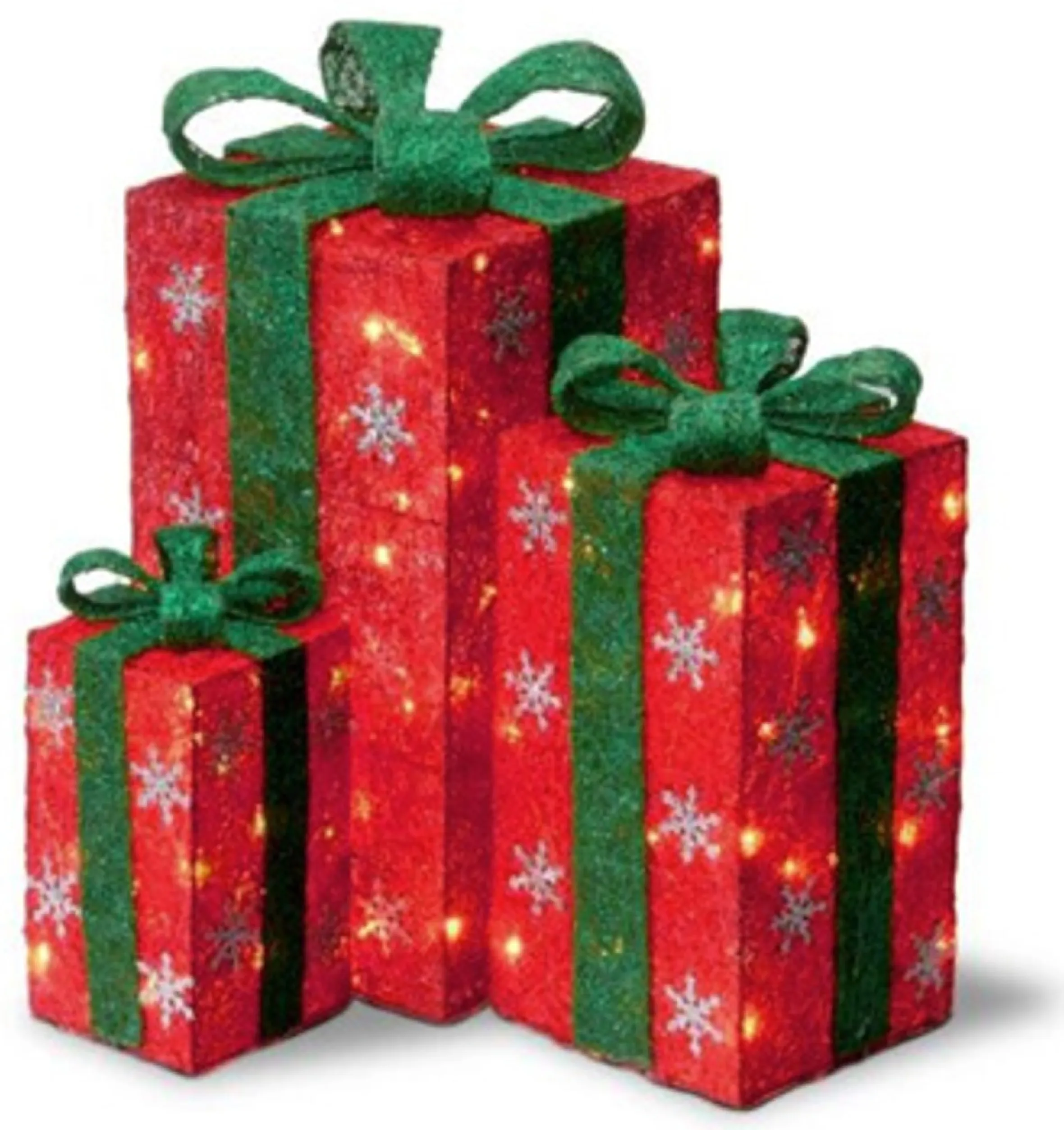 Set Of 3 Lighted Tall Red Gift Boxes With Green Bows Christmas Outdoor Decorations 18"