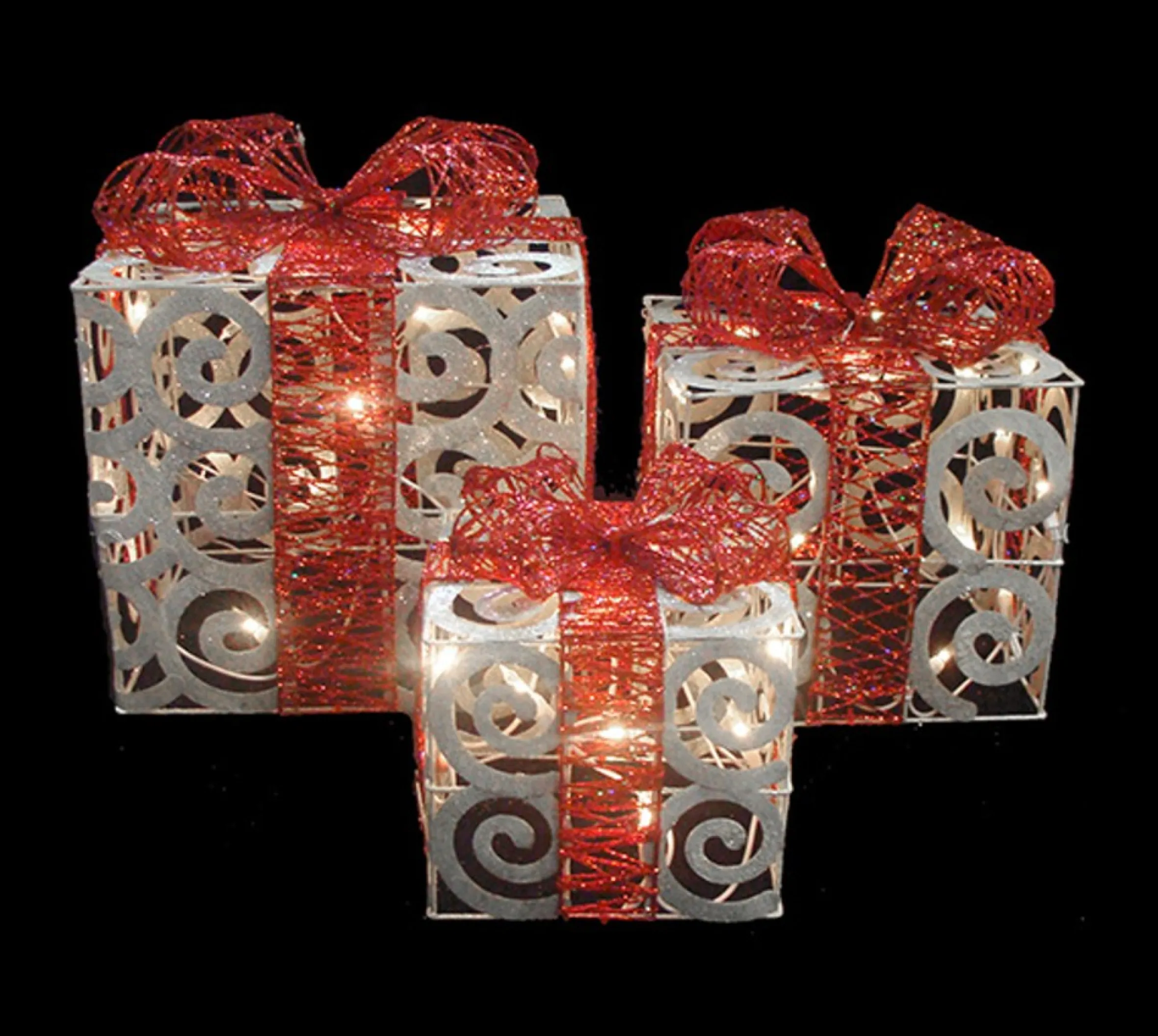 Set Of 3 Lighted White Swirl Glitter Gift Boxes Christmas Outdoor Decorations 10"