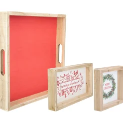 Set Of 3 Merry Christmas Wood Plaques And Serving Tray With Handles 16"
