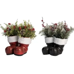 Set Of 2 Multicolor Christmas Pair Boot Floral Containers 10"