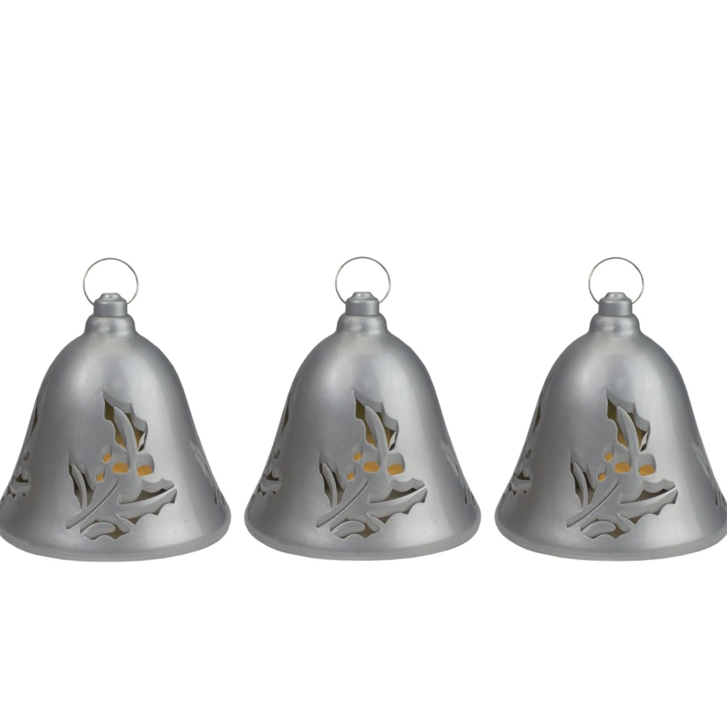 Set Of 3 Musical Lighted Silver Bells Christmas Decorations, 6.5"