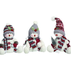 Set Of 3 Nordic Sitting Snowman Plush Christmas Figurines 14"