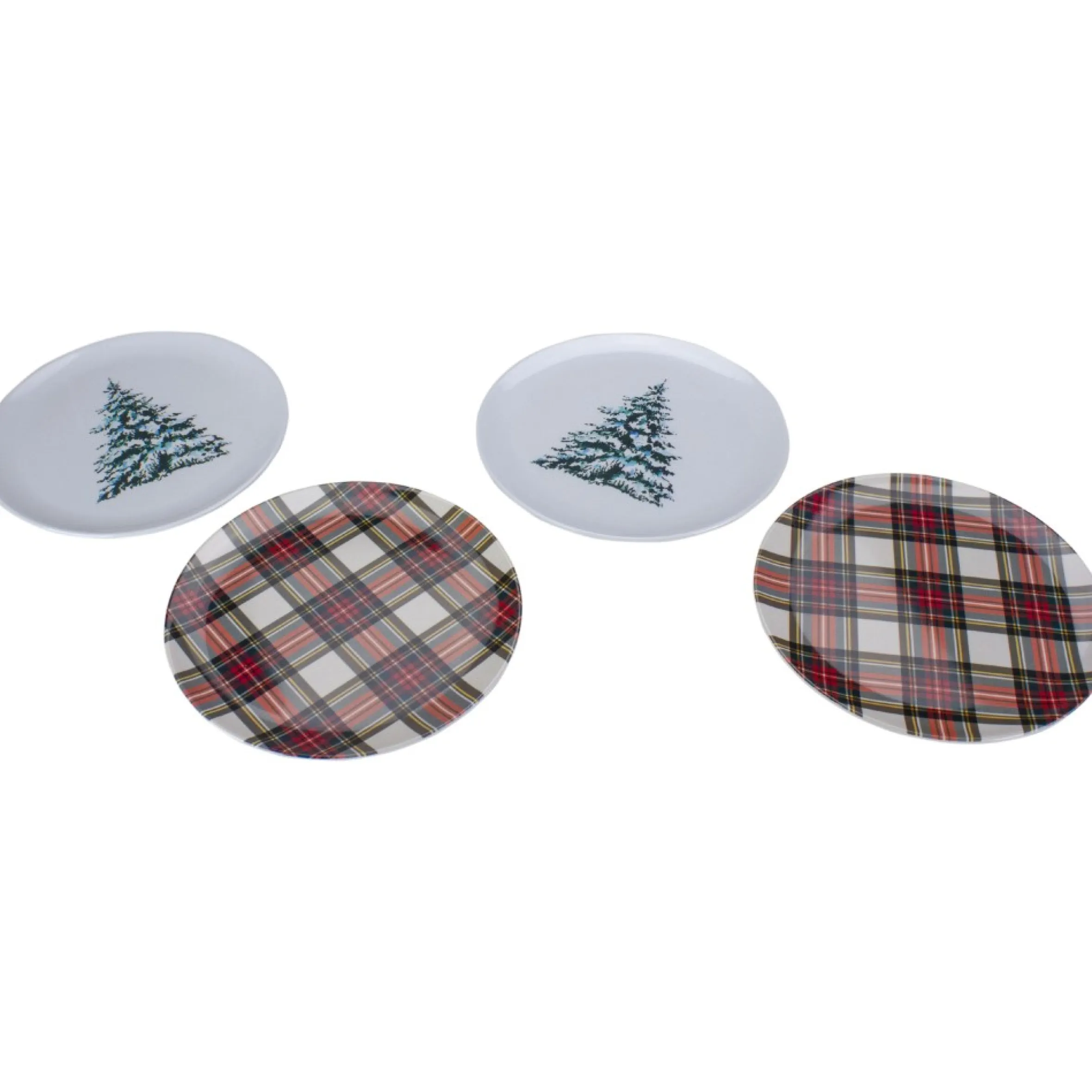 Set Of 4 Plaid And Christmas Tree Serving Plates 7.25"