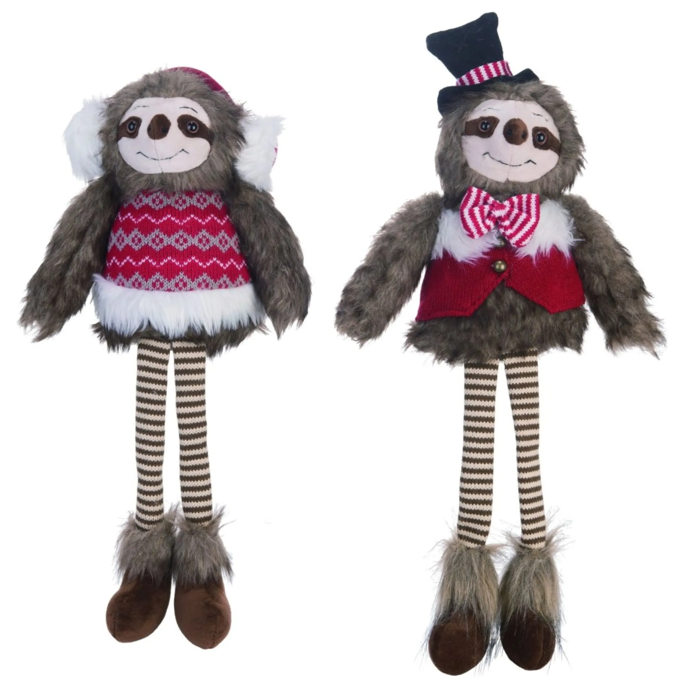 Set Of 2 Plush Sloth Shelf Sitter Christmas Figurines 11"
