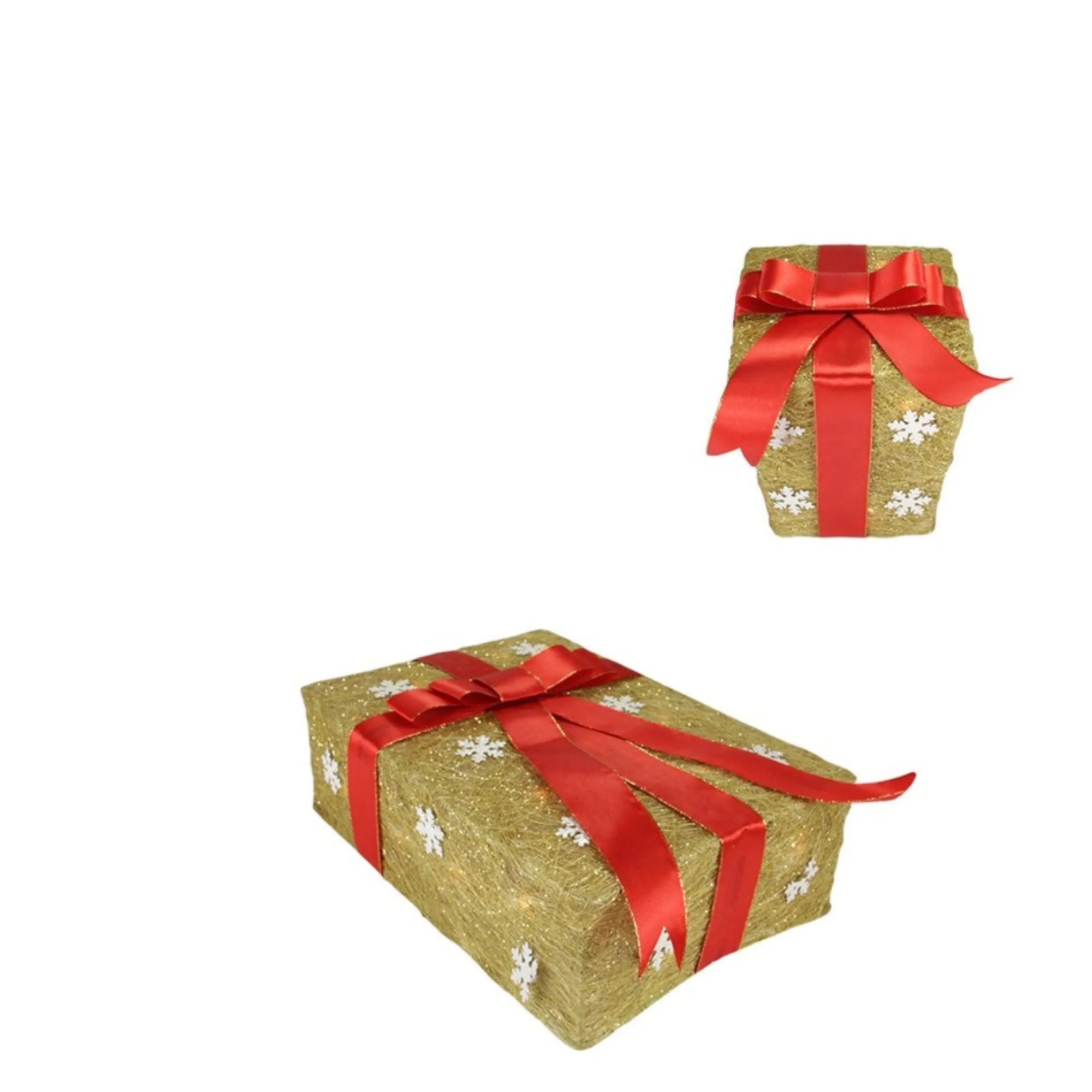 Set Of 3 Pre-Lit Gold And Red Snowflake Gift Box Outdoor Christmas Yard Art Decor 13"