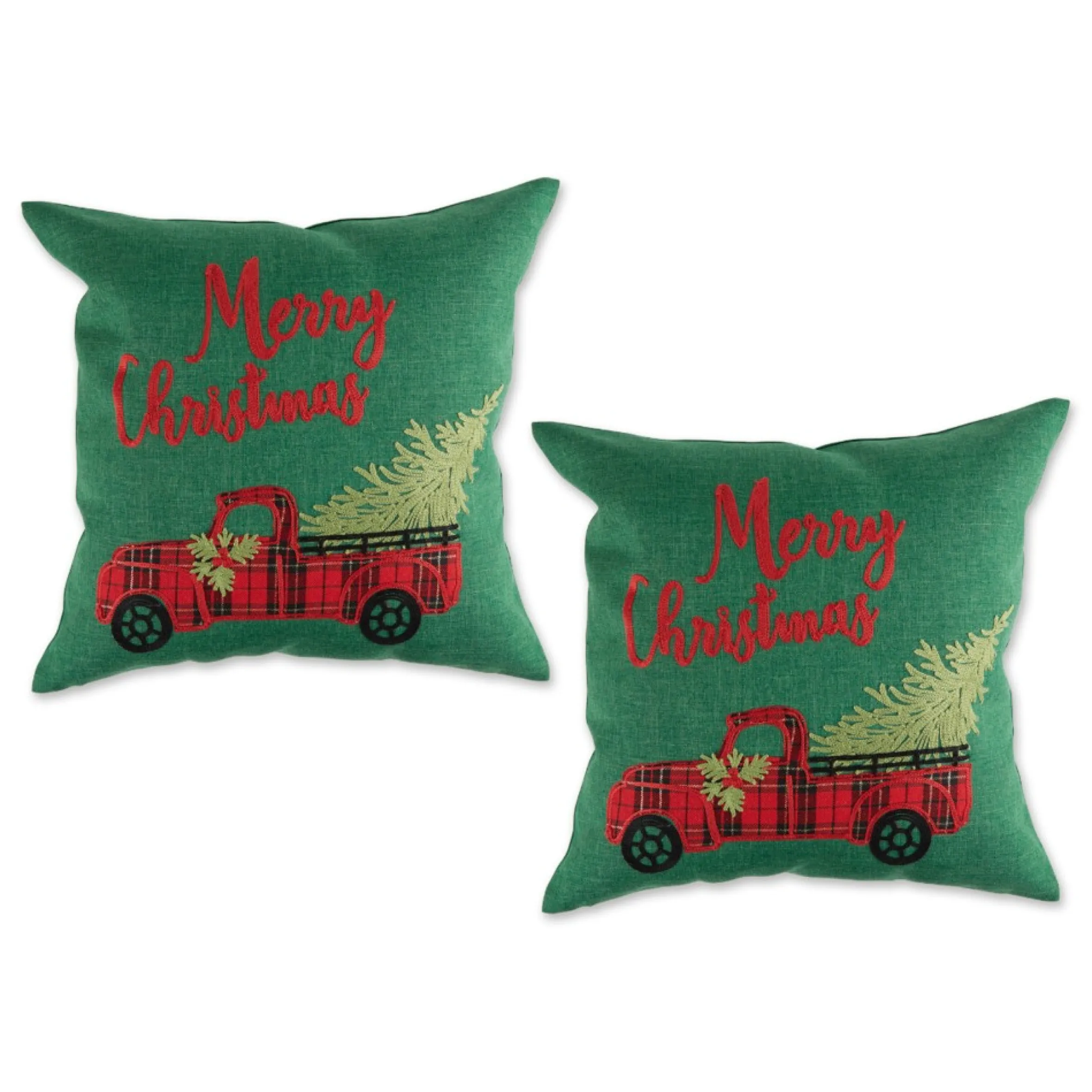Set Of 2 Red And Green Merry Christmas Truck Square Throw Pillow Covers 18"