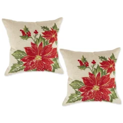 Set Of 2 Red And Ivory Poinsettia Embroidered Square Christmas Throw Pillow Covers 18"