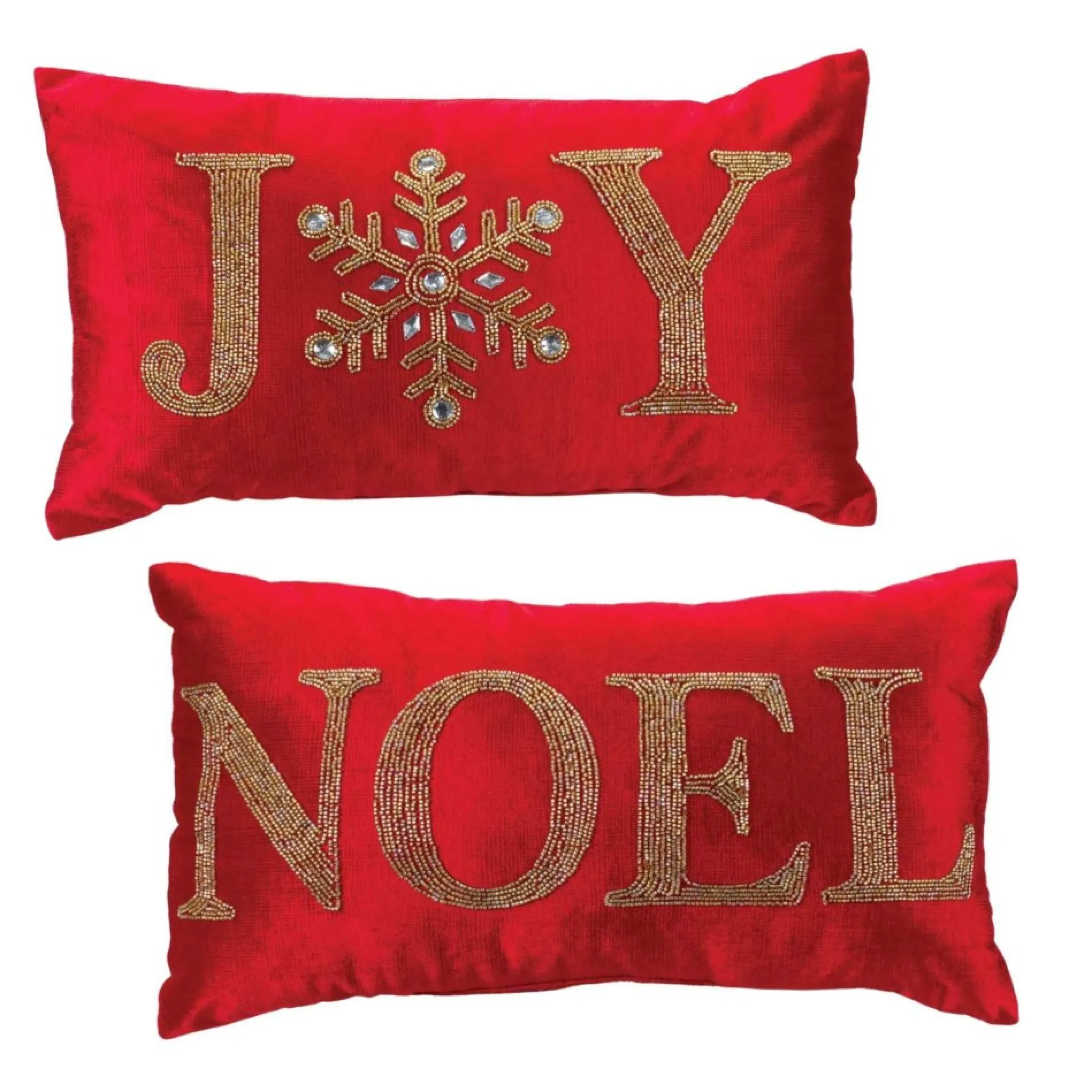 Set Of 2 Red Beaded "Joy" And "Noel" Christmas Throw Pillows 19"