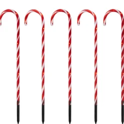 Set Of 5 Red Lighted Candy Cane Christmas Lawn Stakes 28"