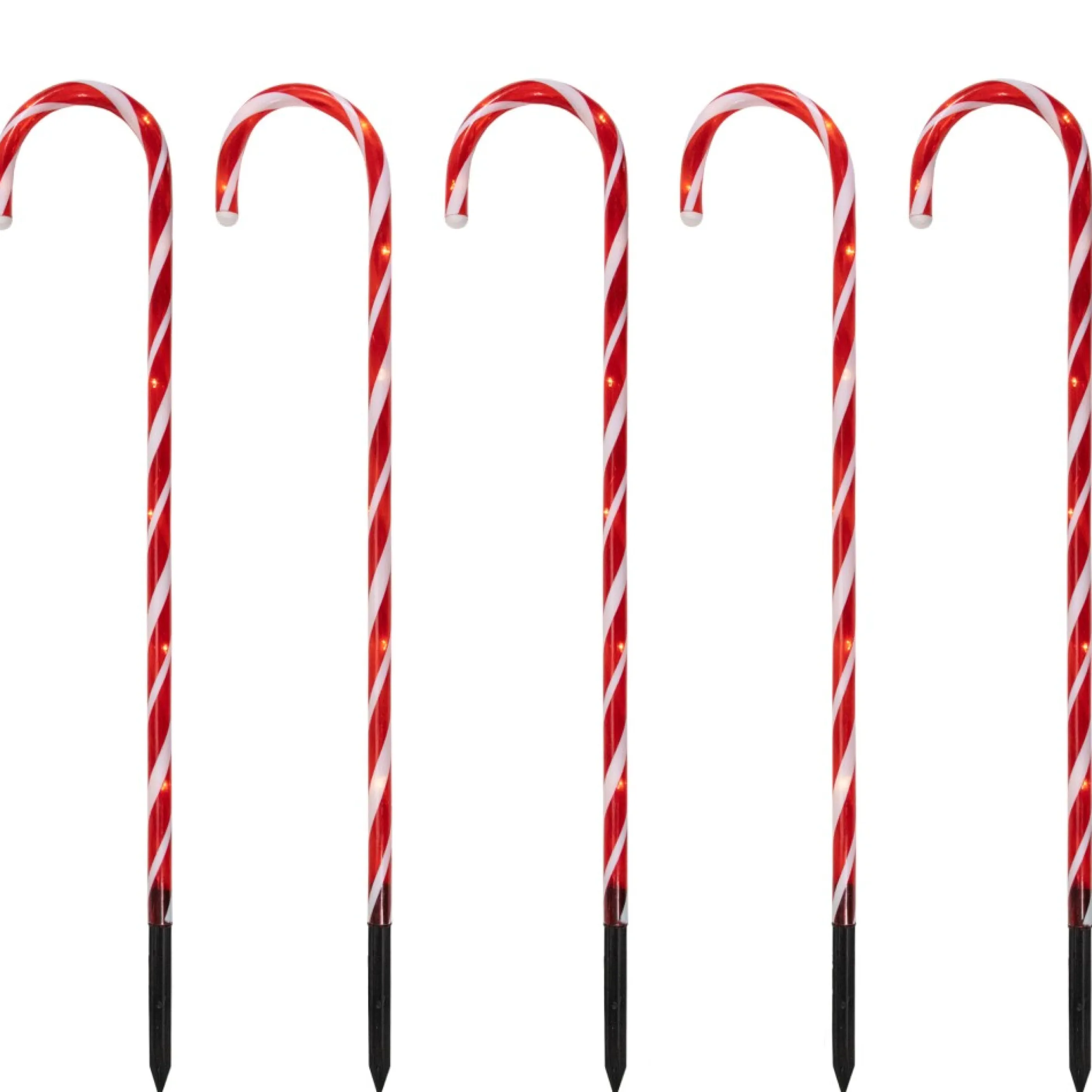 Set Of 5 Red Lighted Candy Cane Christmas Lawn Stakes 28"