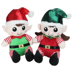 Set Of 2 Red Plush Sitting Boy And Girl Christmas Elf Figures 13"