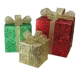 Set Of 3 Red Pre-Lit Glittering Gift Boxes Christmas Outdoor Decor 15"