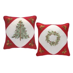 Set Of 2 Red Tree And Wreath Christmas Square Floral Throw Pillows 15.5"