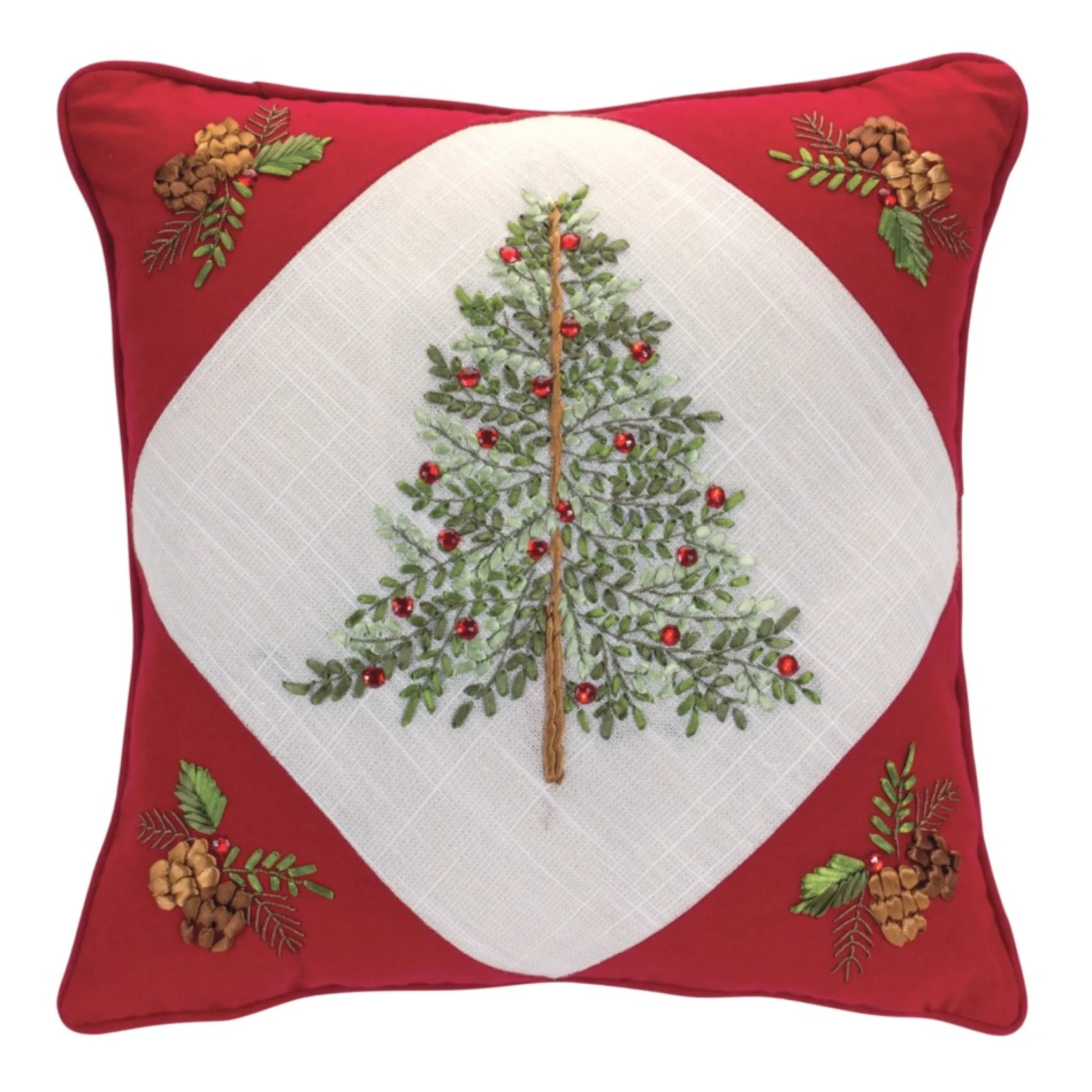 Set Of 2 Red Tree And Wreath Christmas Square Floral Throw Pillows 15.5"