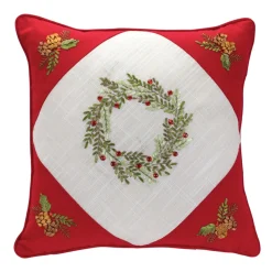 Set Of 2 Red Tree And Wreath Christmas Square Floral Throw Pillows 15.5