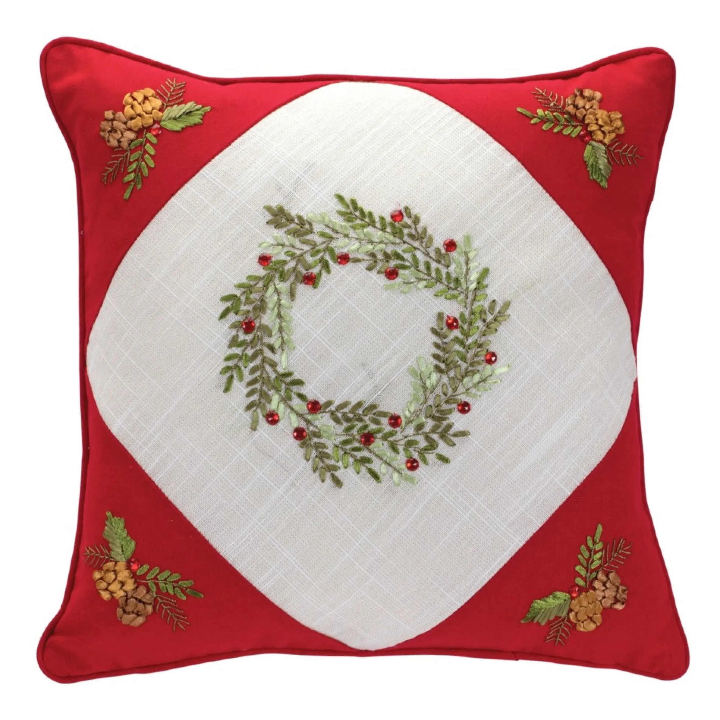 Set Of 2 Red Tree And Wreath Christmas Square Floral Throw Pillows 15.5"