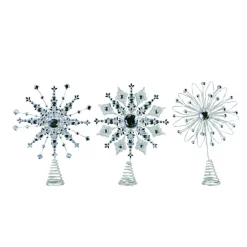 Set Of 3 Silver And Black Christmas Snowflake Tree Topper 14"