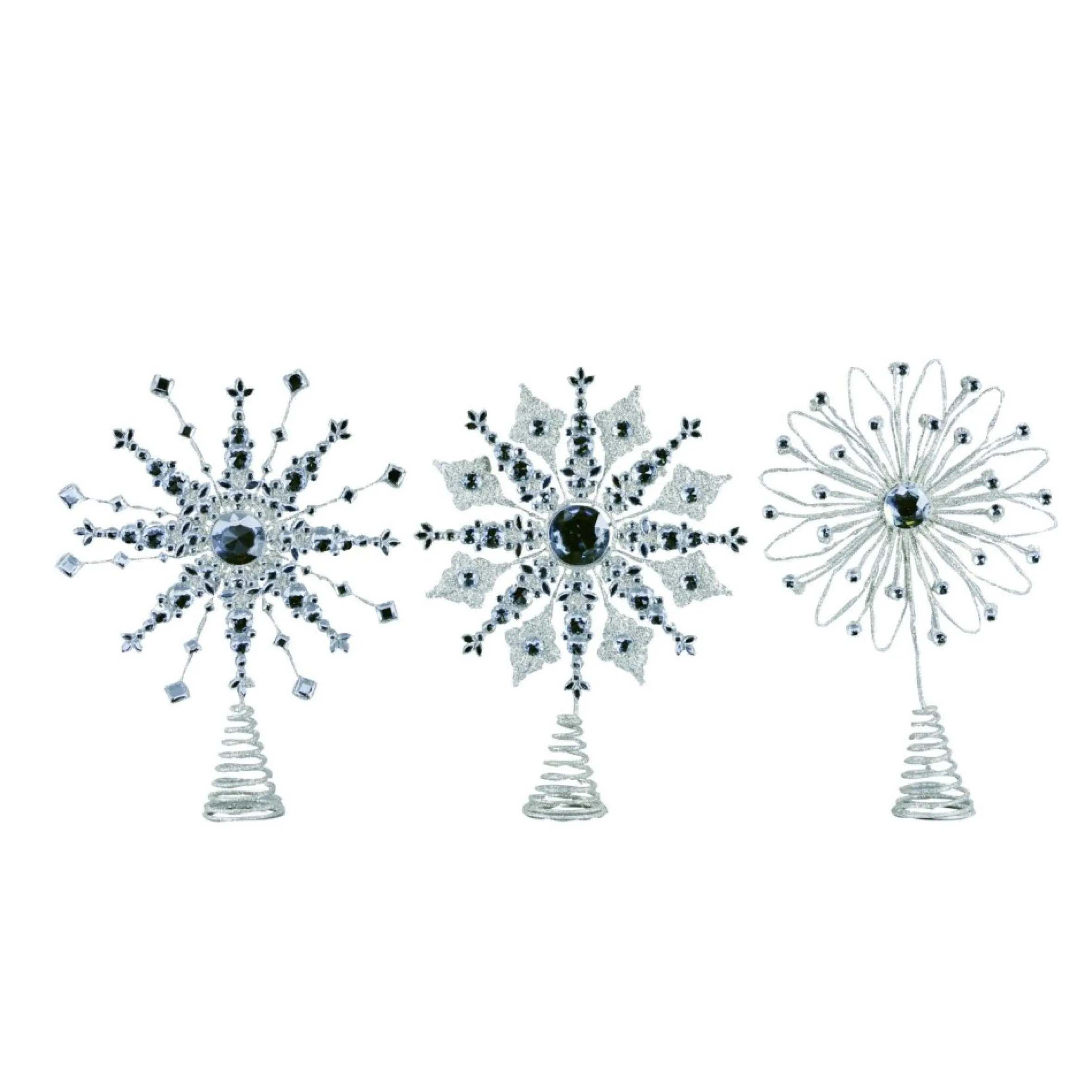 Set Of 3 Silver And Black Christmas Snowflake Tree Topper 14"