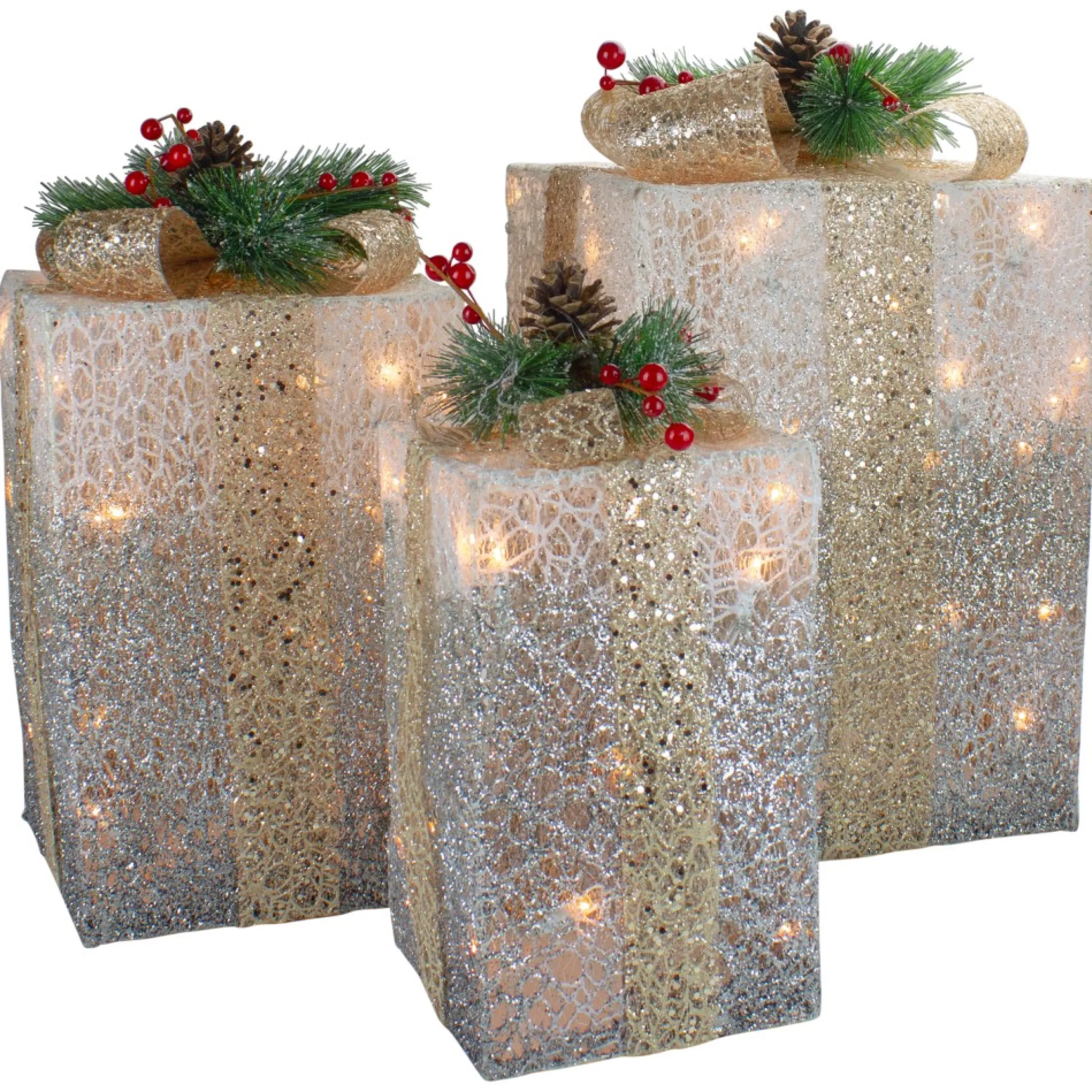 Set Of 3 Silver Mesh Glittered Gift Boxes Outdoor Decorations