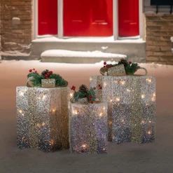 Set Of 3 Silver Mesh Glittered Gift Boxes Outdoor Decorations