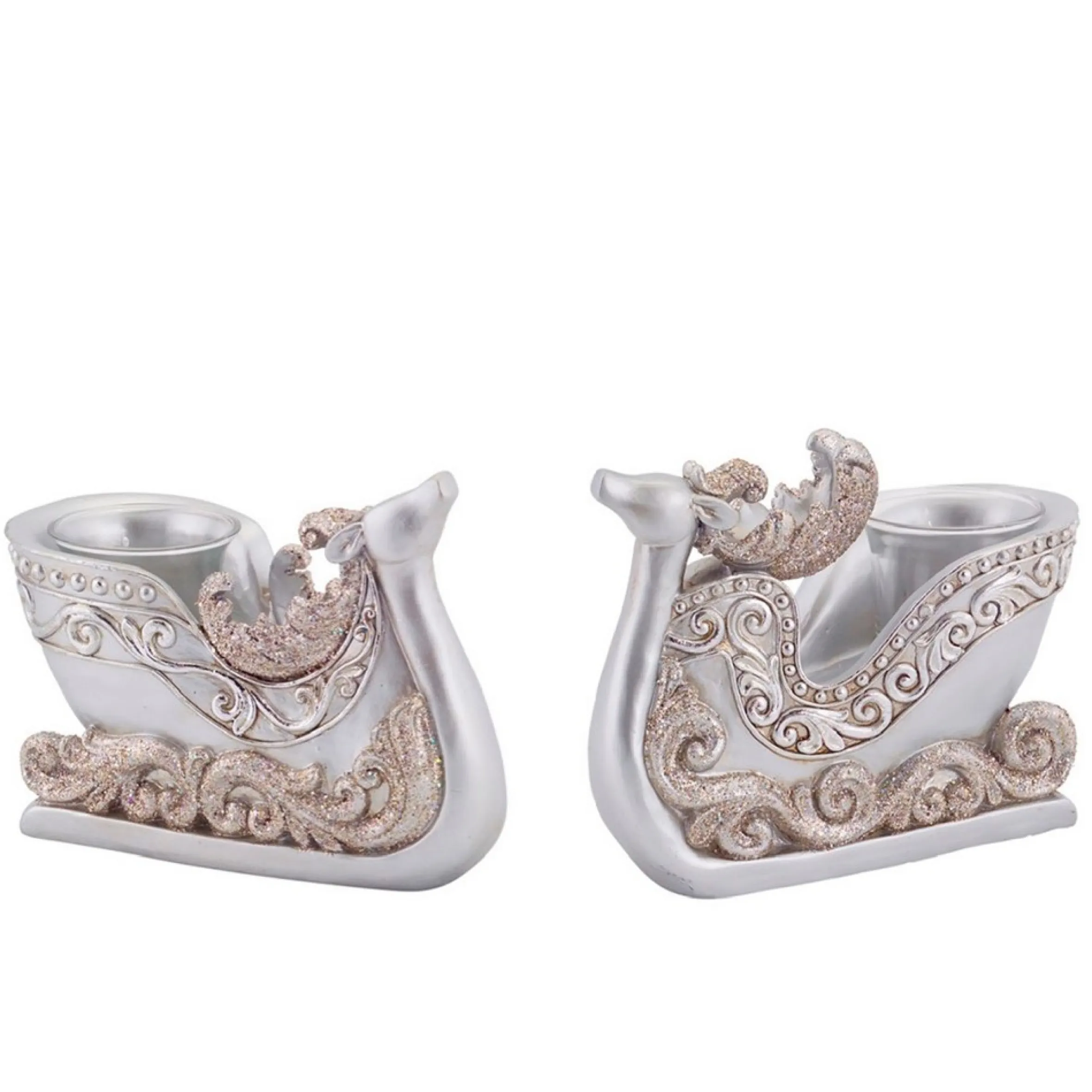 Set Of 2 Silver Reindeer Sleigh Christmas Tea Light Candle Holders 4.5"
