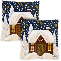 Set Of 2 Snowy Cabin Outdoor Patio Christmas Throw Pillow Covers 18"