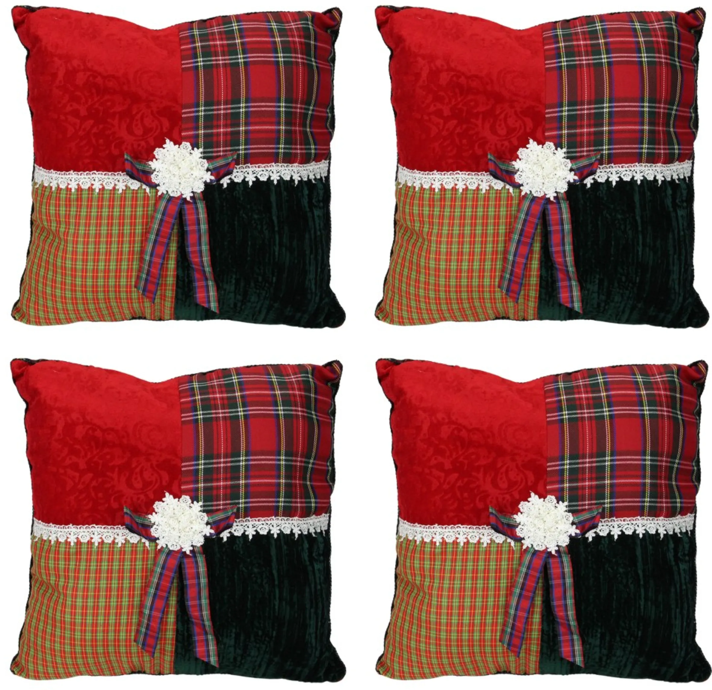 Set Of 4 Square Textured Tartan Plaid Velvet Christmas Throw Pillows 15.5"