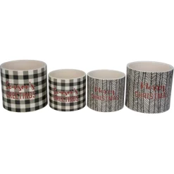 Set Of 4 White And Black Holiday Slogan Printed Christmas Pots 6"