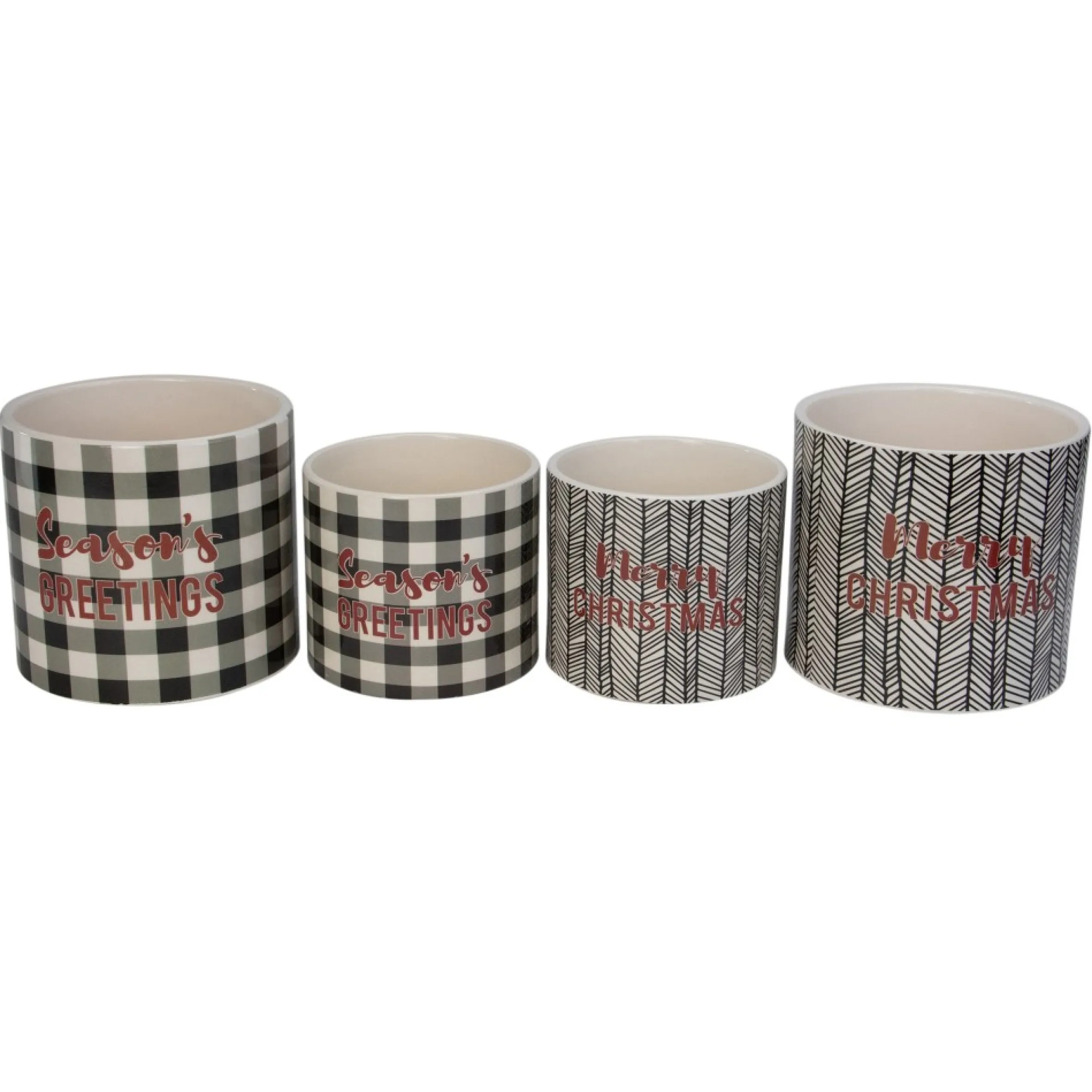 Set Of 4 White And Black Holiday Slogan Printed Christmas Pots 6"