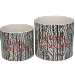 Set Of 4 White And Black Holiday Slogan Printed Christmas Pots 6"