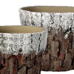 Set Of 2 White And Brown Frosted Bark Christmas Pots 9.75