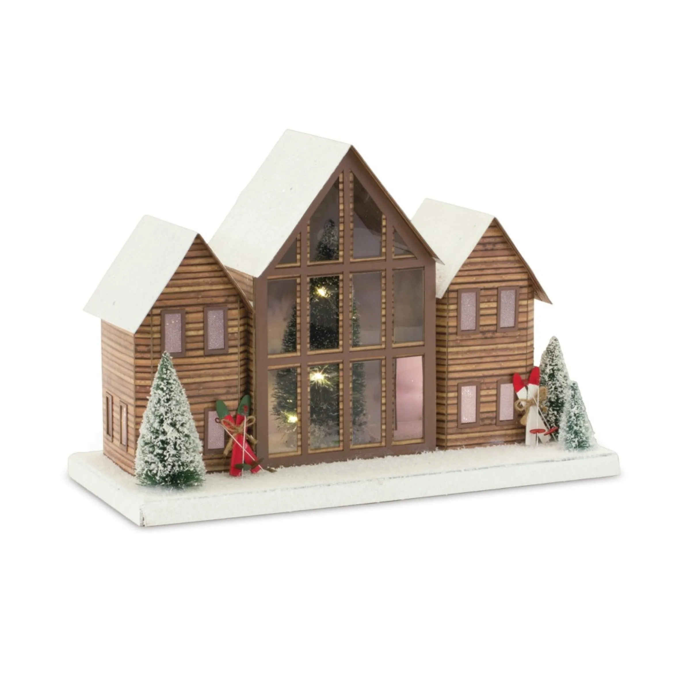 Set Of 2 White And Brown Lighted Christmas Ski Lodge 14.75"