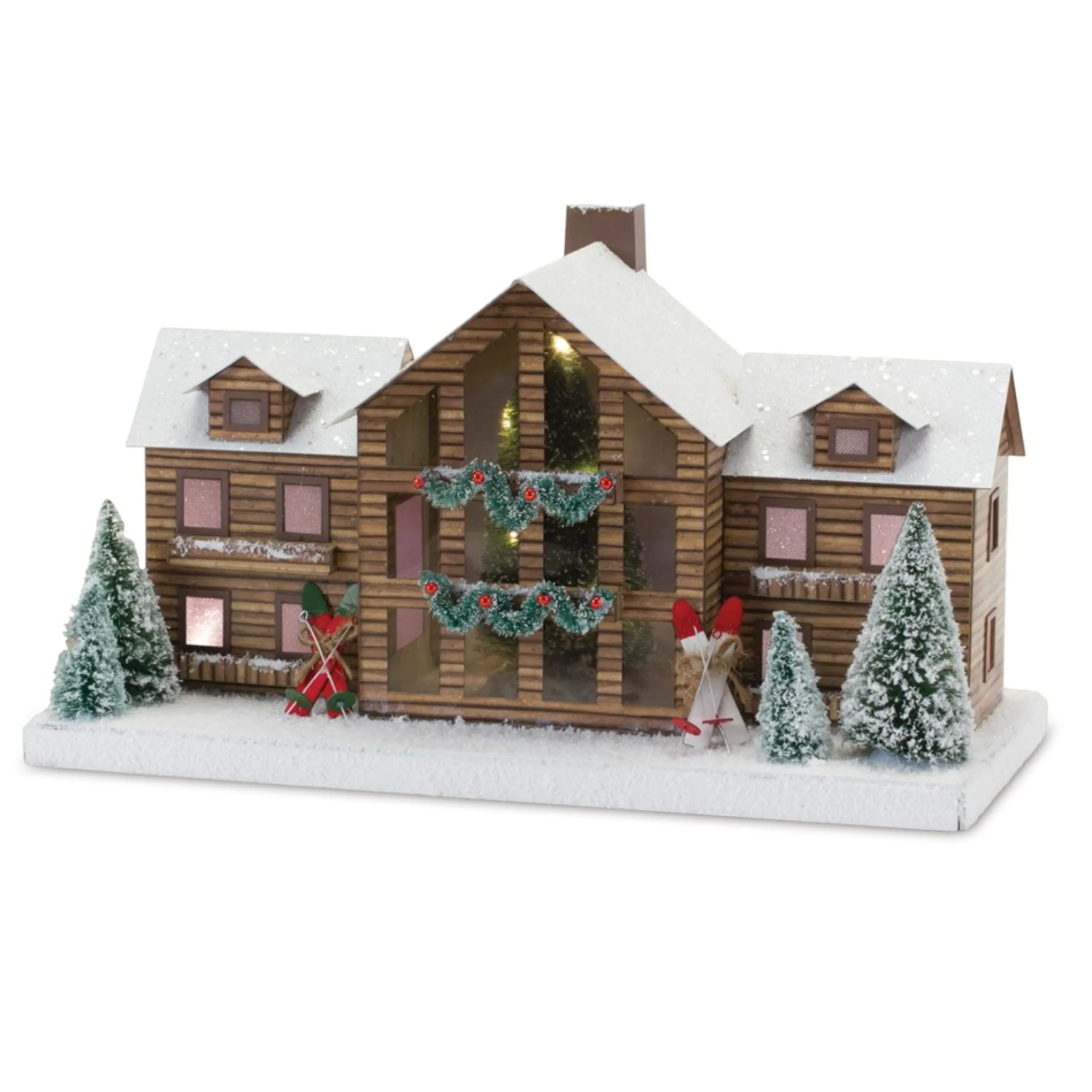 Set Of 2 White And Brown Lighted Christmas Ski Lodge 14.75"